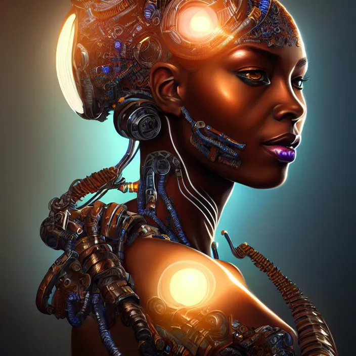 Prompt: beautiful african organic cyborg, diffuse lighting, fantasy, intricate, highly detailed, lifelike, photorealistic, digital painting, artstation, illustration, concept art, smooth, sharp focus