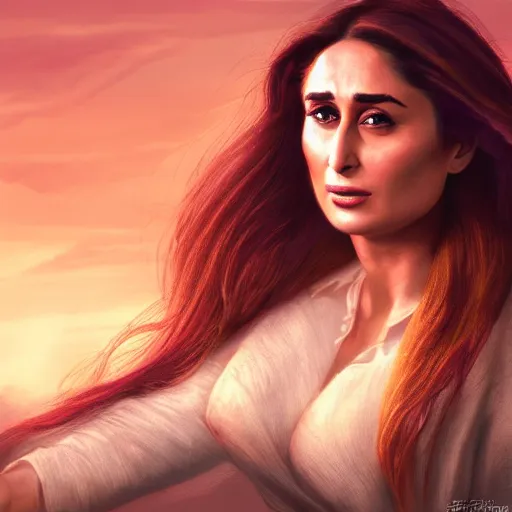 Prompt: kareena kapoor in sunset, by etienne hebinger, cgsociety, fantasy art, 2 d game art