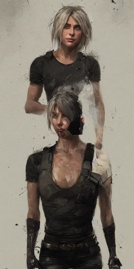 Image similar to portrait of julianne hough by greg rutkowski and wlop, a secret agent, wearing black shorts, wearing black boots, wearing a cropped top, blade runner, highly detailed portrait, digital painting, artstation, concept art, smooth, sharp focus ilustration, artstation, hq