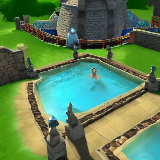 Prompt: runescape playing in the hot tub with wizard101 scenery, hyperrealistic, photo realistic, realistic, beautiful white lighting, in the middle of the day