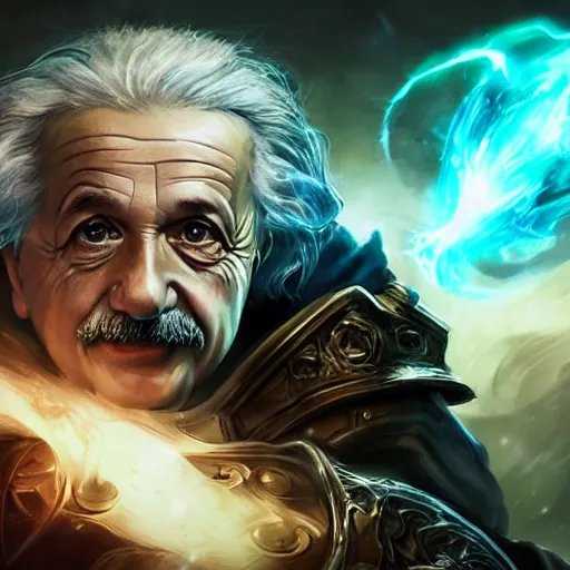 Image similar to portrait of albert einstein as a spellcaster, league of legends amazing splashscreen artwork, gears of war, splash art, natural light, elegant, photorealistic facial features, intricate, fantasy, detailed face, atmospheric lighting, anamorphic lens flare, cinematic lighting, league of legends splash art, hd wallpaper, ultra high details by greg rutkowski