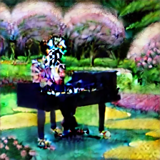 Prompt: a painting of elton john playing the piano in the middle of a garden, dreamy, shrubery, flowers, golden hour, dreamy, 8 k concept art, enhanced hands, hyperrealistic, by studio ghibli, disney - style
