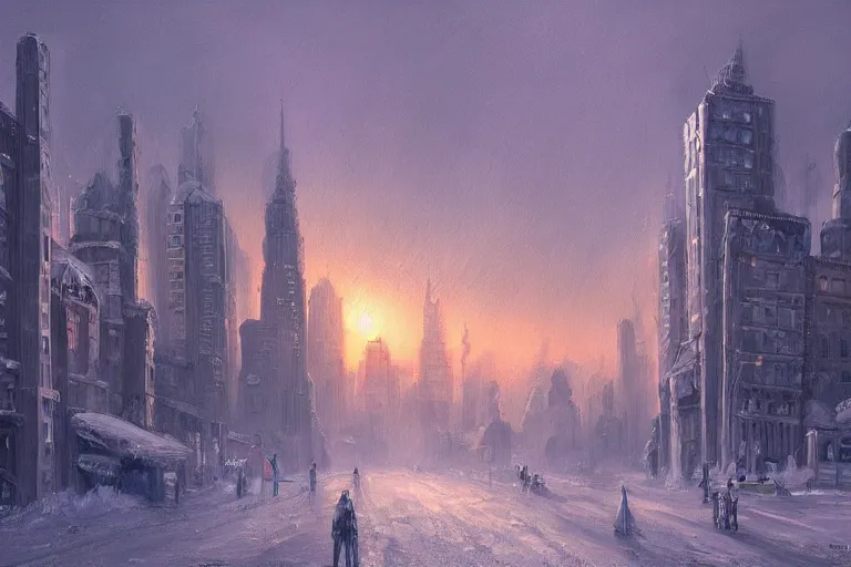 Prompt: a beautiful painting of a city in winter at dawn,jim burns trending on artstation, 4k