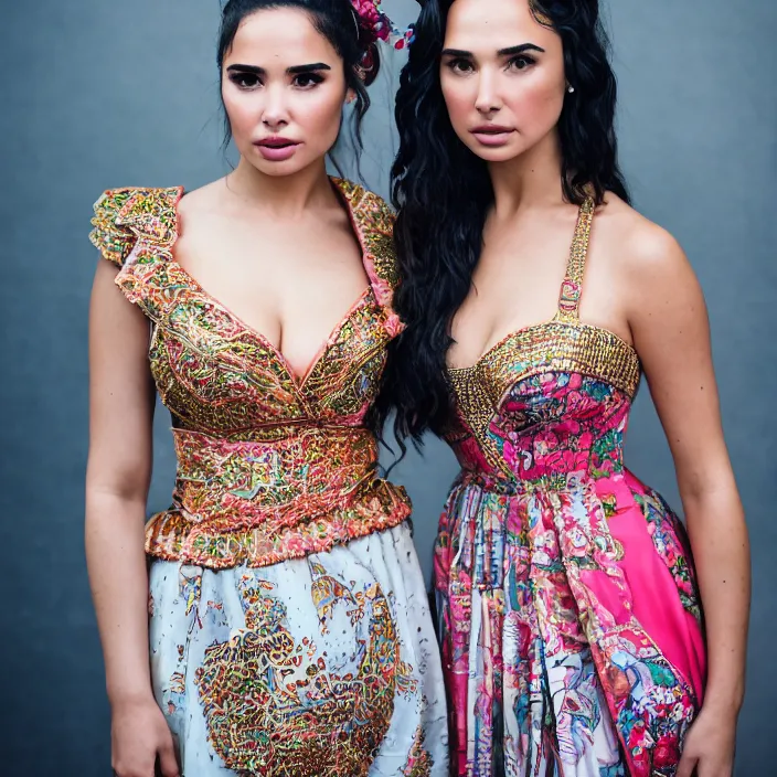 Prompt: portrait of demi rose and gal gadot wearing southeast asian traditional dress, by charlotte grimm, natural light, detailed face, canon eos c 3 0 0, ƒ 1. 8, 3 5 mm, 8 k, medium - format print