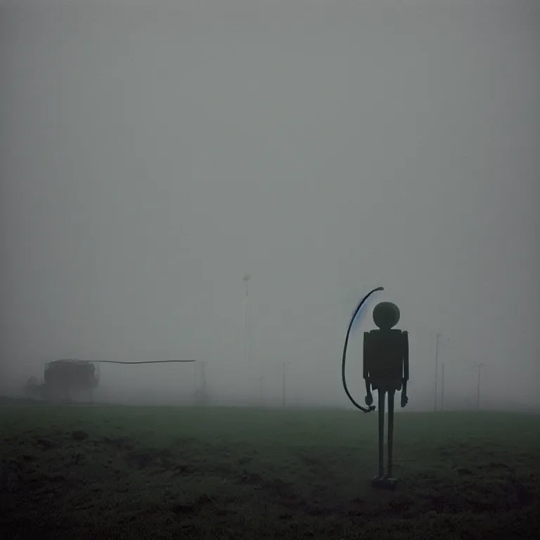 Image similar to a sole angular lanky liminal observer droid, in a brutalist yet rural landscape by simon stalenhag, 3 5 mm film photography, dawn, eerie fog