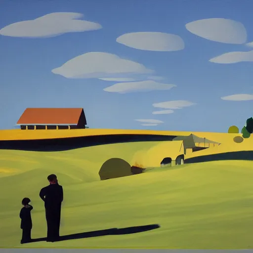 Image similar to dreaming futuristic rural landscape with modern houses, painted by Alex Katz and Edward Hopper, airbrush, highly detailed