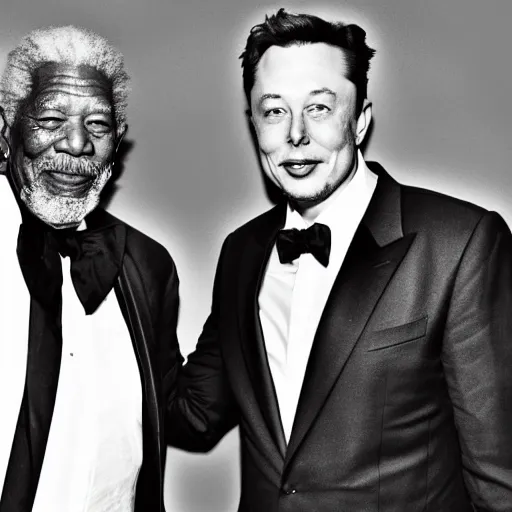 Prompt: morgan freeman shaking hands with elon musk, grayscale photography, black and white