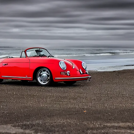 Prompt: abadoned porsche 356 roadster, red interior, at a car park next to a beach in california , morning