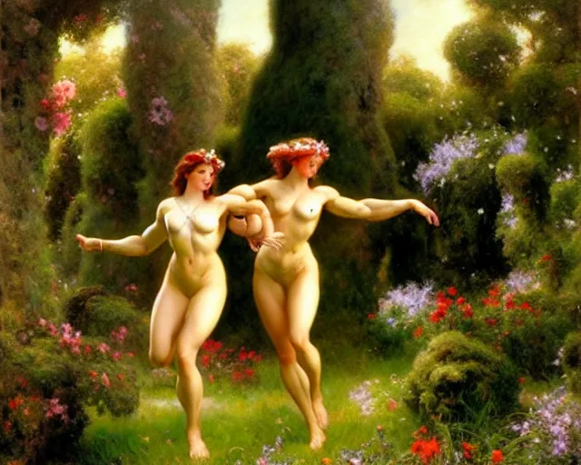 Prompt: muscular athena and muscular goddess frolic in a meadow of beautiful flowers, large topiary and marble pillars in the background, painting by gaston bussiere, craig mullins, j. c. leyendecker, tom of finland