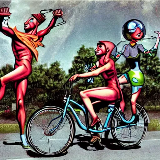 Prompt: The Mars Attacks aliens have a grand old time riding a tandem bicycle through the park.