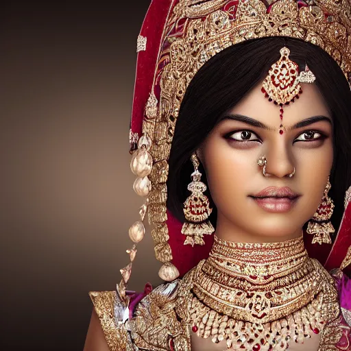 Prompt: portrait of hindi princess with diamond jewelry, ornate, 8 k, gorgeous, intricate, detailed, glowing white accent lighting, dramatic lighting, octane render