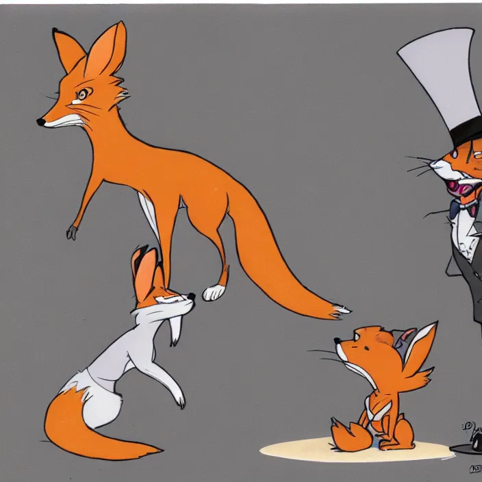 Prompt: concept art of a fox in a top hat talking to an angry rabbit by Don Bluth.