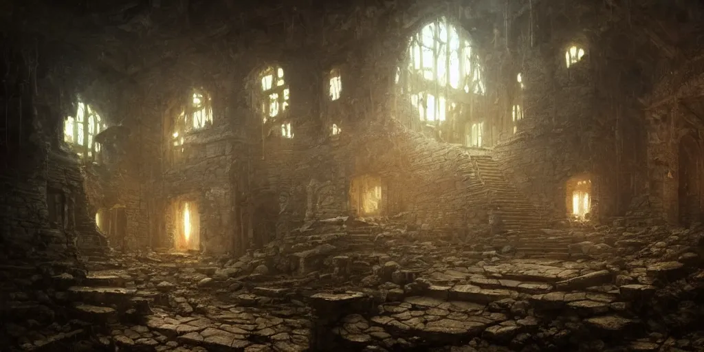 Prompt: Hyper realistic oil painting of the insides of an abandoned dwarven fortress, dark, torchlight, fantasy, cinematic lighting, broken furniture, dust, gloomy, by greg rutkowski, trending on artstation