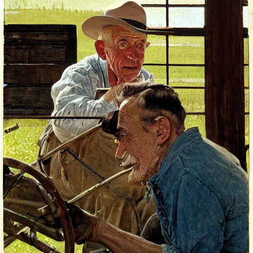 Image similar to high quality high detail painting by norman rockwell, hd, old man on tractor, big eyes, muted pastel colors, photorealistic lighting