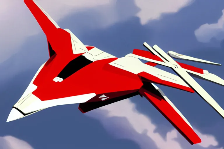 Image similar to a pteranodon mecha fighter, red and white robotech styling with Kanji markings, boeing concept art