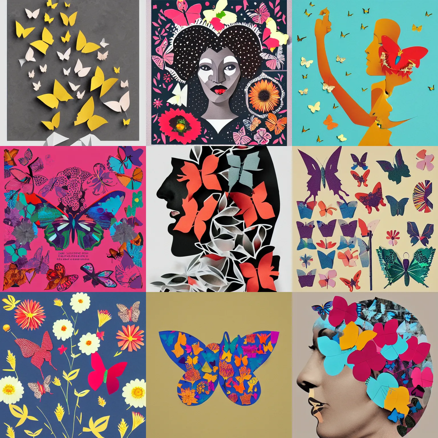Prompt: paper cut out collage artwork, artsy, jazz album cover, flowers, butterflys, trending on behance