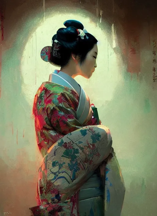 Image similar to female geisha girl, beautiful face, colourful, rule of thirds, intricate outfit, spotlight, by greg rutkowski, by jeremy mann, digital painting