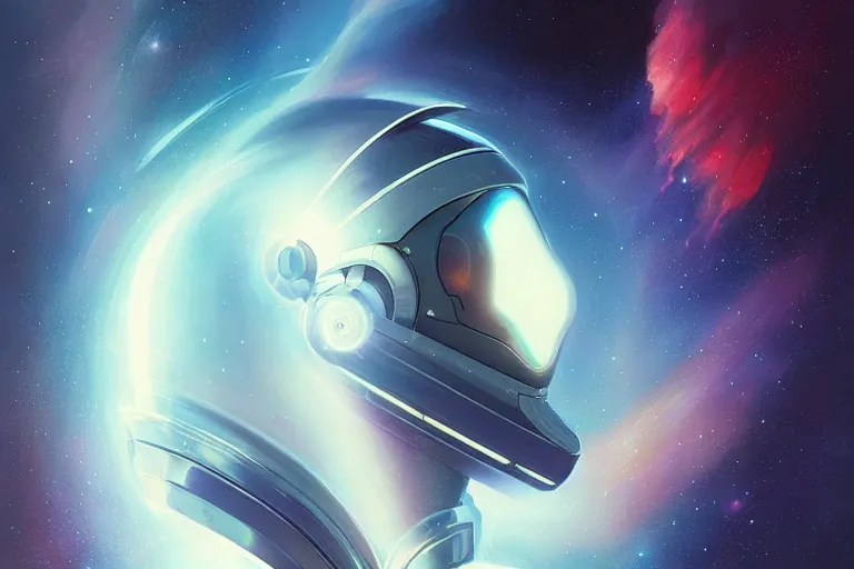 Image similar to Portrait of a Futuristic reflective spacesuit visor mirror spacesuit reflecting a nebula supernova in space, portrait, elegant, intricate, digital painting, artstation, concept art, smooth, sharp focus, illustration, art by artgerm and greg rutkowski and alphonse mucha