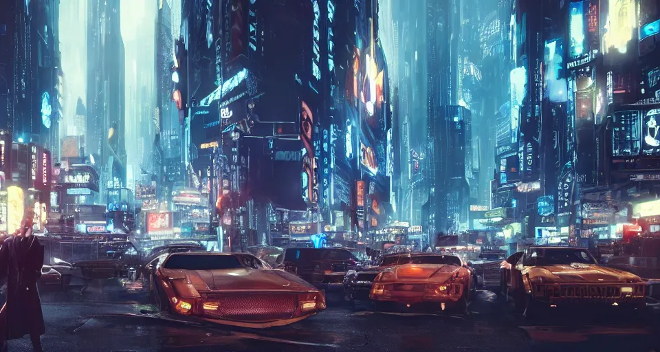 Prompt: An epic, distopian cityscape with many cars in the style of bladerunner with a blond man in a suit in the center and another man in a Trenchcoat talking to hin in secret, unreal 5, DAZ, hyperrealistic, octane render, volumetric clouds, dynamic lighting