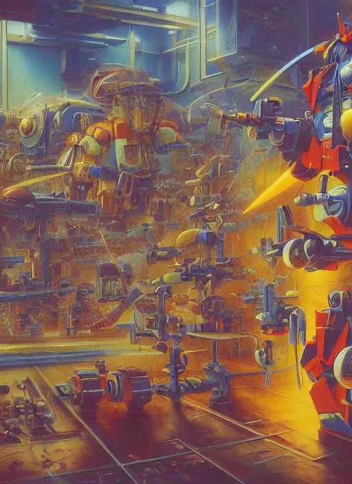 Prompt: gunpla shop. vintage shapes, retro technology, happy colors dariusz zawadzki, tim hildebrandt, wayne barlow, bruce pennington, larry elmore, oil on canvas, deep depth field, masterpiece, cinematic composition, hyperdetailed