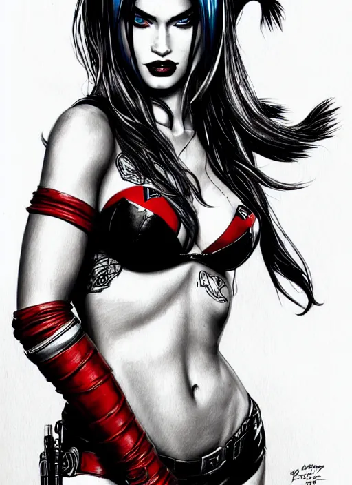 Image similar to concpet art, full shot, traditional ink, sketch, of megan fox as harley quinn, line sketch, intricate, elegant, highly detailed, monochrome, digital painting, artstation, concept art, blue, black, red ink sharp focus, illustration, art by borderlands 3 and peter polach