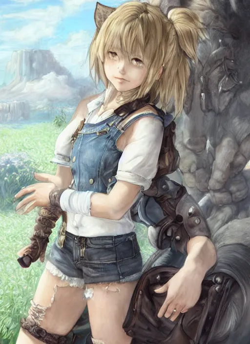 Image similar to a portrait of catgirl wearing white vest, and denim shorts an ultrafine detailed painting, detailed painting, detailed eyes!!, final fantasy, octopath traveler