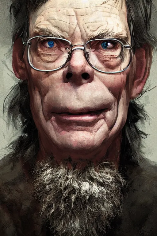 Prompt: Portrait of stephen king as hillbilly, shotgun, village, intricate, highly detailed, smooth, artstation, digital illustration by Ruan Jia and Mandy Jurgens and Artgerm and Wayne Barlowe and Greg Rutkowski and Zdislav Beksinski