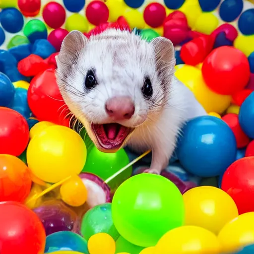 Image similar to ferret with clown makeup, in a ball pit