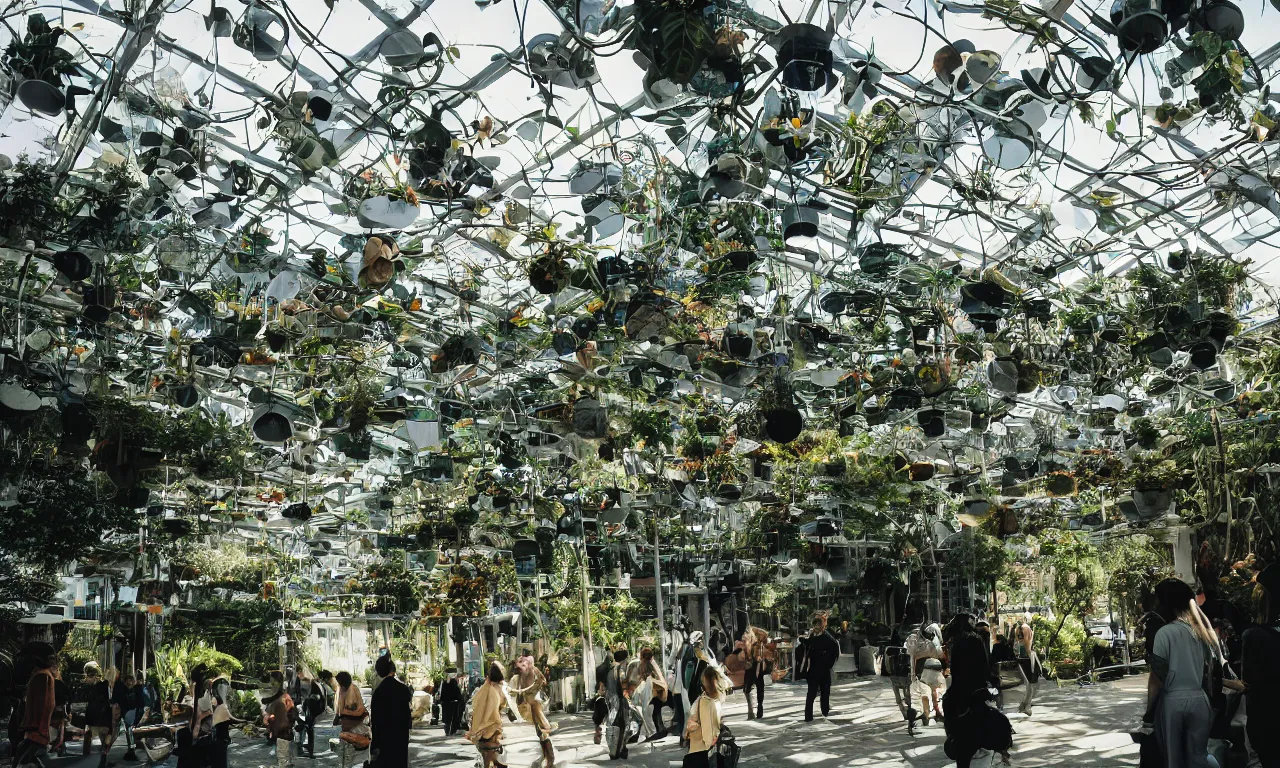 Image similar to candid photo of sunrise atmospherics in a futuristic solarpunk utopia, hanging solar gardens with animals and humans walking in peace, brilliant daylight, leica 8 k still from an a 2 4 film