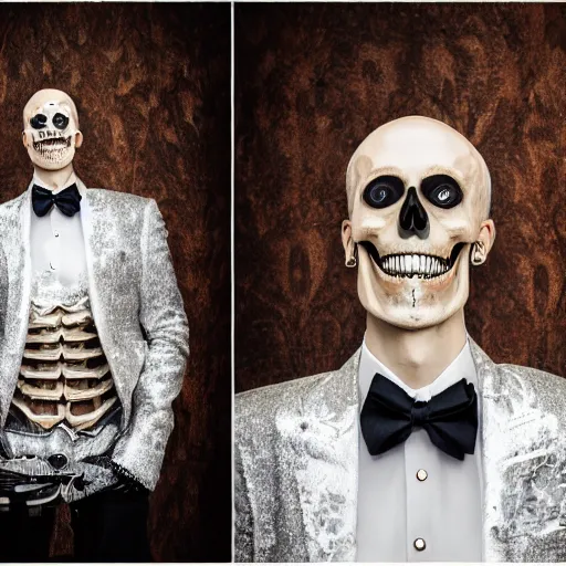 Image similar to a detailed professional portrait of a fancy skeleton with expressive features and metallic teeth, metal teeth, professional photography, longshot, full portrait, skeleton in a suit