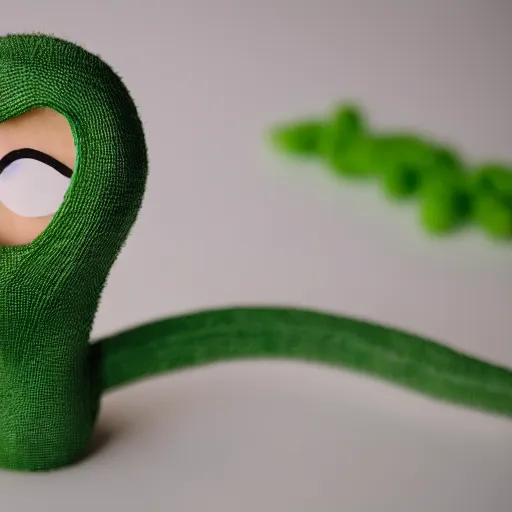 Prompt: mister bean as a green string bean with a face. dslr