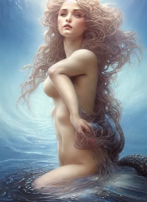 Prompt: goddess of the sea!! portrait of a seductive mermaid in underwater murky light, wind blown hair! fantasy esoteric, closeup, d & d, fantasy, intricate, elegant, highly detailed, digital painting, artstation, concept art, matte, sharp focus, illustration, art by artgerm and tom bagshaw and greg rutkowski and alphonse mucha