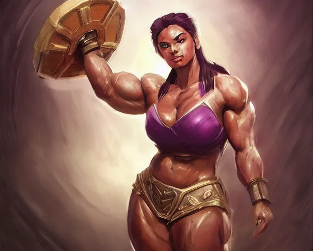 Image similar to portrait of illaoi from league of legends as a beautiful female bodybuilder amazon with plump lips, elegant, fantasy, hd shot, digital portrait, beautiful, artstation, comic style, by artgerm, guy denning, jakub rozalski, magali villeneuve and charlie bowater