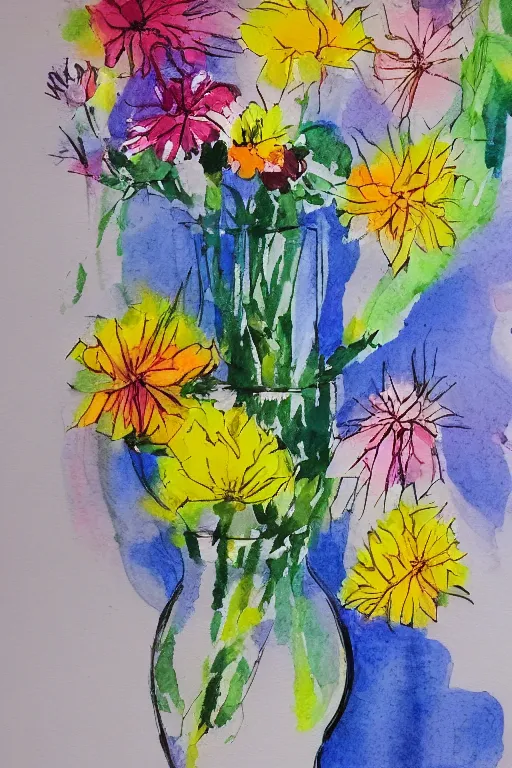 Prompt: flowers and vass, water color, still life