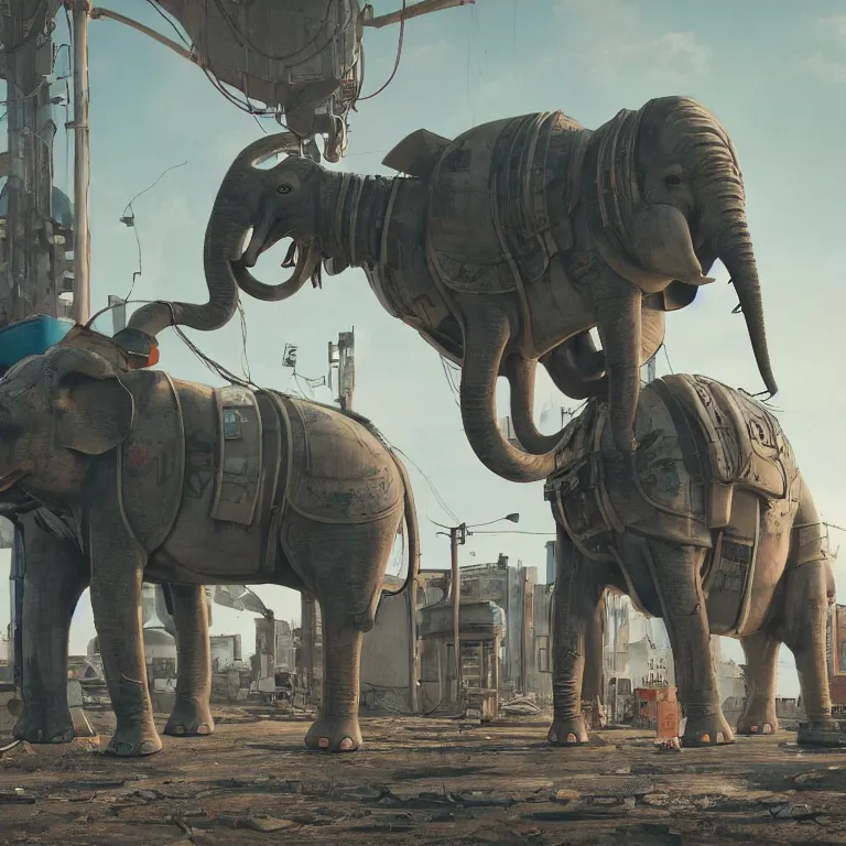 Image similar to a robotic elephant walking through an abandoned gas station in the style of howl's moving castle, 7 0's science fiction comics and enki bilal, cyberpunk, mystical, 8 k, high definition, realism, octane render, cinematic lighting