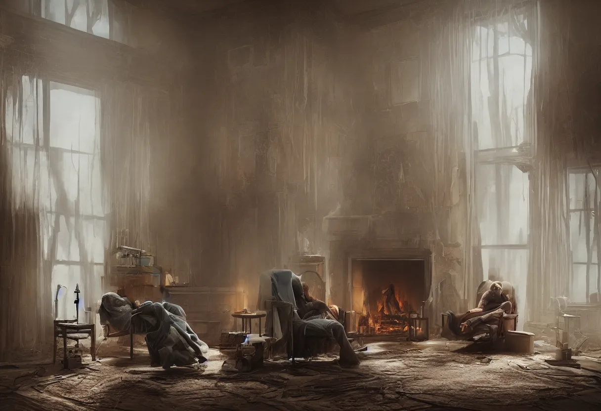 Image similar to intimate portrait photograph of one single lone solitary futuristic robot sitting on a frayed recliner in front of a beautiful fireplace with a cozy fire, in a dupost-apocalyptic Victorian home, soft morning light seeping in a window, with cinematic lighting and lens flare, tall ceiling, octane render, cgsociety, by Simon Stalenhag and Alfonso Cuaron, highly detailed closeup portrait, award-winning highly detailed 8k anamorphic closeup tight cinematic movie photograph