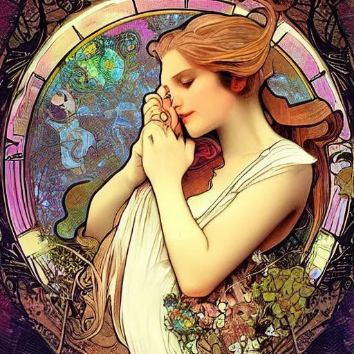 Image similar to Alice in Wonderland,Diamonds Blaze,Rose twining,out of time and space,dreamy, eternity, romantic,highly detailed,in the style of Alphonse Maria Mucha, highly detailed,night lighting