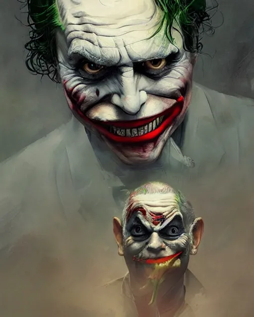 Image similar to a highly detailed epic cinematic concept art CG render digital painting artwork: The joker. By Greg Rutkowski, in the style of Francis Bacon and Syd Mead and Norman Rockwell and Beksinski, open ceiling, highly detailed, painted by Francis Bacon and Edward Hopper, painted by James Gilleard, surrealism, airbrush, Ilya Kuvshinov, WLOP, Stanley Artgerm, very coherent, triadic color scheme, art by Takato Yamamoto and James Jean