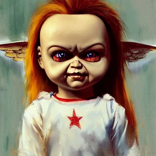 Image similar to the doll chucky as an angel described in the bible, oil painting, by greg rutkowski