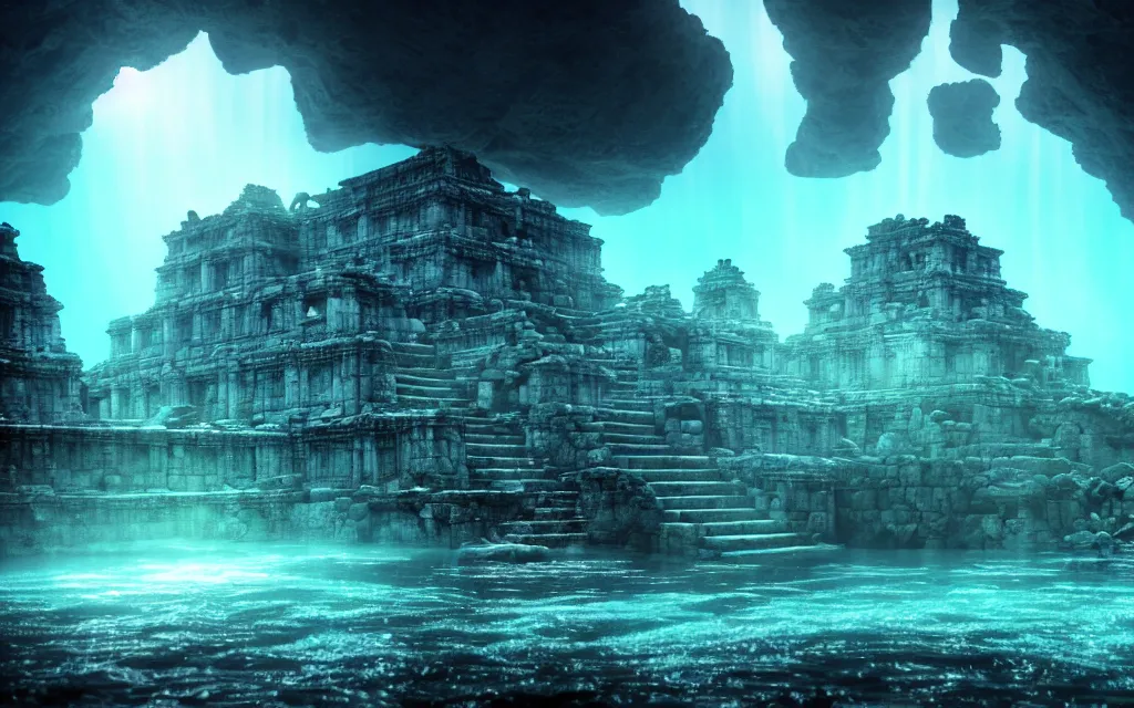 Image similar to ultrawide shot of submerged pre - incan temple, anime style mixed with fujifilm, dark, underwater, symmetrical, bubbles, abyss, dark, murky, foggy, atmospheric, crepuscular rays, artstation, cgsociety, octane render, cgi, unreal engine 5, denoise, detailed, cinematic masterpiece