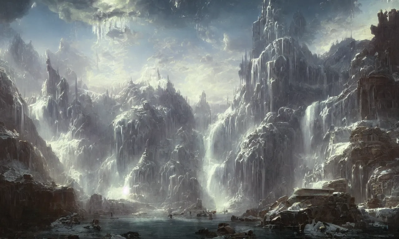 Prompt: a beautiful painting of a high - tech sci - fi metropolis in an icy mountain, with waterfalls and flying cars and spaceships in the sky by albert bierstadt, trending on artstation