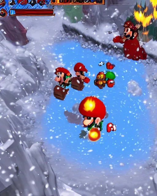 Prompt: Super mario in the world of Diablo, throwing fireballs, winter, blizzard