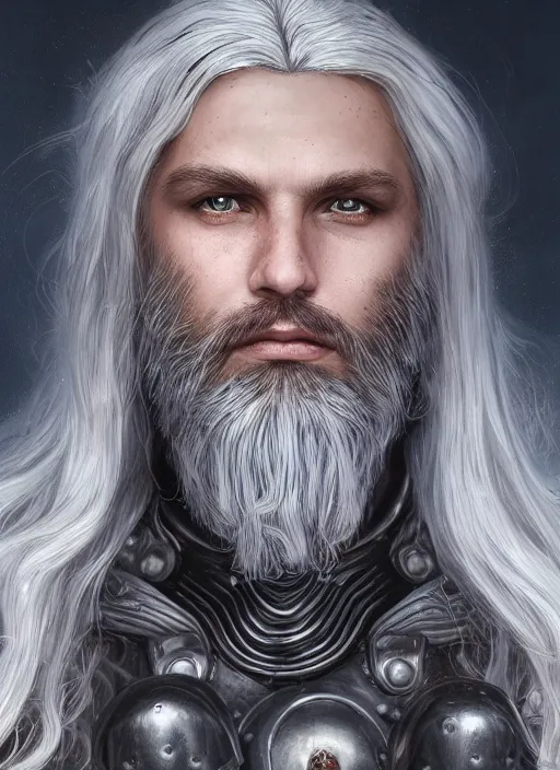 Image similar to an epic fantastic realism comic book style portrait painting of an aasimar paladin, male, shaggy silver hair, short brown beard, steve argyle, charlie bowater, mark brooks, gerald brom, d & d concept art, unreal 5, daz, teal aesthetic, octane render, cosplay, rpg portrait, dynamic lighting