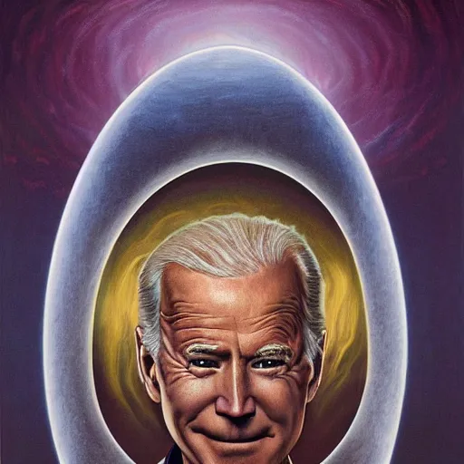 Prompt: presidential portrait of immense, majestic, surreal, terrifying joe biden emerging from the cosmic egg, perfectly clear face, by j. c. leyendecker, alex grey, anato finnstark, bosch, and beksinski