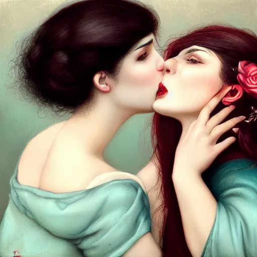 Prompt: two women kissing on the street, tom bagshaw style,