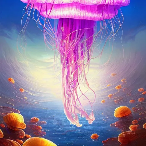 Image similar to jellyfish in a bright ocean, deep focus, fantasy, intricate, elegant, highly detailed, digital painting, artstation, concept art, matte, sharp focus, illustration, hearthstone, art by rhads and artgerm and greg rutkowski and alphonse mucha and gediminas pranckevicius