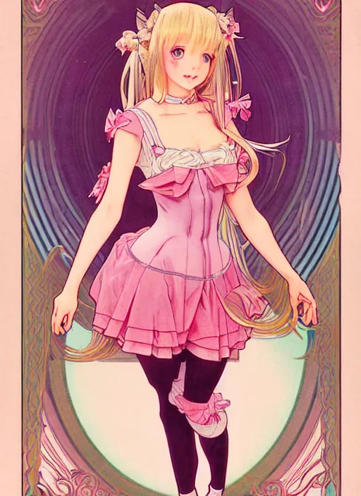 Prompt: portrait of cute blond anime girl, with huge long pigtails, skintight pink bodysuit, dark pink miniskirt, extremely detailed, digital illustration, by rossdraws, alphonse mucha, frank fanzzeta, collectible card art