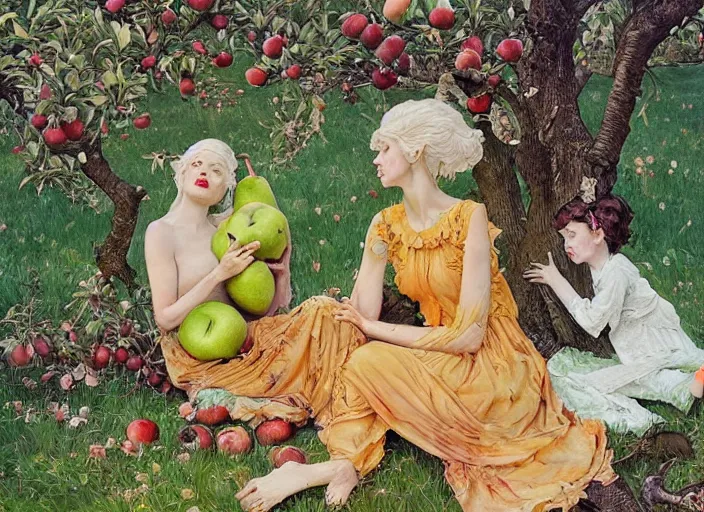 Prompt: lush apple and pear orchard fairy foliage painting carved in amber by chiara bautista and norman rockwell and greg rutkowski weta studio