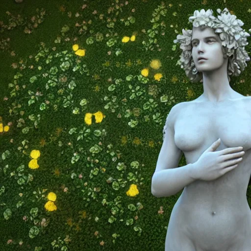 Prompt: an idealistic marble statue with flowery hair in a fractal garden, unreal engine, 8k render, beautiful, full frame,
