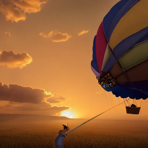 Image similar to Over-the-shoulder shot of a cat sitting in a hot air balloon, sunset time, steampunk tyle, digital art, matte painting, trending on artstation and unreal engine